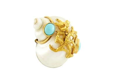 Seaman Schepps Gold, Shell and Turquoise Clip-Brooch