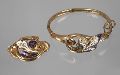 Set de bijoux en or mousseux avec émail 2ème moitié du 19ème siècle, or jaune...