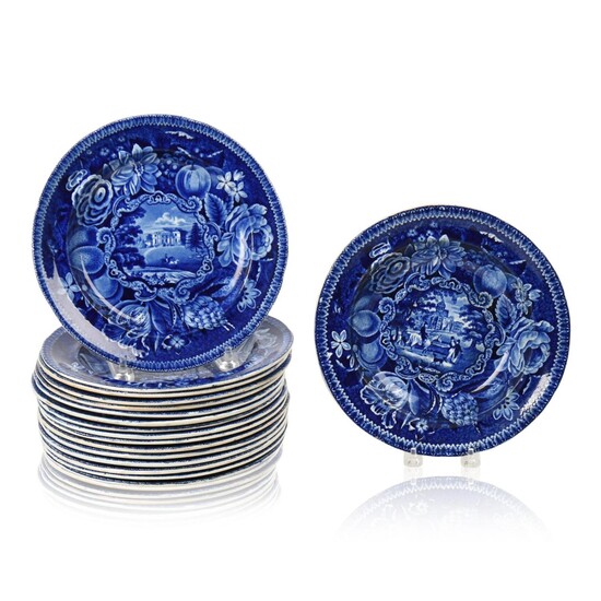 Set of 16 Staffordshire Blue Transfer-Printed 'Pains