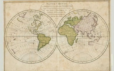 Set of three maps and views of the 18th century: World map ''Mappe Monde'', part col. Kupfer von
