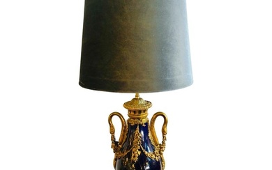 Sevres Style Cobalt Blue Porcelain & Bronze Swan Handle Urn Mounted as a Lamp