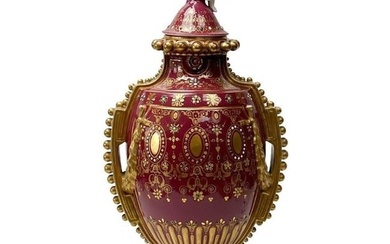 Sevres Style Hand Painted Porcelain Twin Handled Covered Urn circa 1900