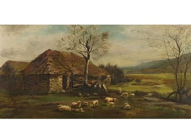 Sheep before a cottage and landscape, oil on canvas, mounted...