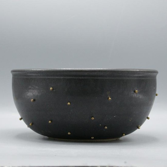 Signed Studio Art Pottery Bowl, Metal Beads Outside