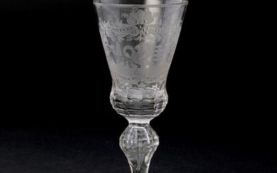 SOLD. Silesian goblet of clear glass, cup engraved with text and swan feeding its ducklings in Rococo cartouche. 18th century H. 20 cm. – Bruun Rasmussen Auctioneers of Fine Art