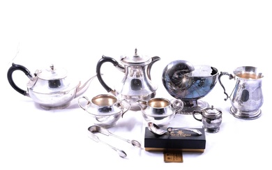 Silver plated tea set, spoon warmer, tankard, etc.