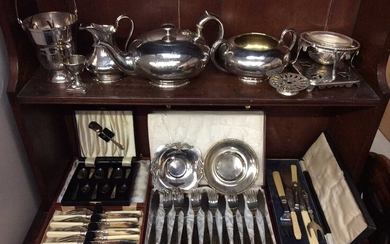 Silver plated three piece tea set, boxed sets cutlery and other plated ware