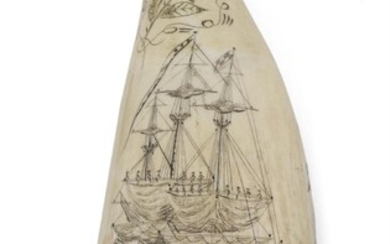 * POLYCHROME ENGRAVED WHALE'S TOOTH WITH MARITIME IMAGERY...