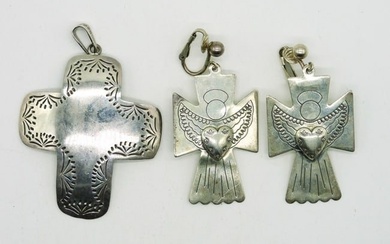 Sterling Cross Pendant & Angel Earrings