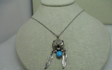 Sterling Silver Navajo Bear Head Necklace, with