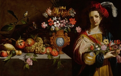 Still life with fruits, a vase, birds and a youth with flower basket, Giovanni Stanchi
