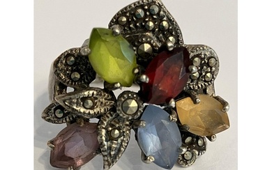 Stunning vintage GEMSTONE & MARCASITE SILVER RING set with T...