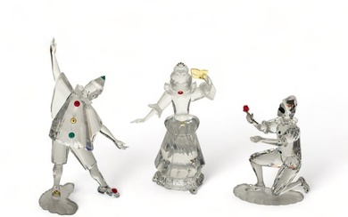 Swarovski (Austrian) 'Masquerade' Crystal Figurines, 'Harlequin', 'Columbine' & Pierrot', H 6.5" W