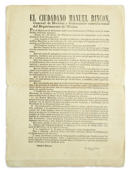 (TEXAS.) Herrera, José Joaquín. Mexican decree announcing that the United States has approved...