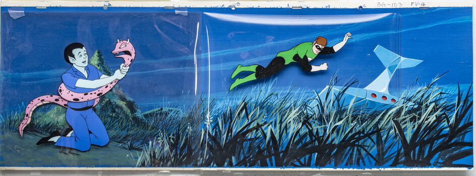 "THE GREEN LANTERN" T.V. SERIES PRODUCTION ANIMATION CELS WITH HAND PAINTED BACKGROUND, C. 1967, H 9", W 29" (VISIBLE IMAGE)