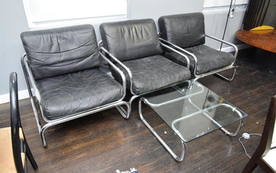 THREE SEATER RODNEY KINSMAN BLACK LEATHER & CHROME SOFA WITH MATCHING COFFEE TABLE