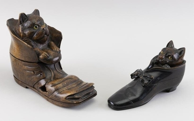 TWO BLACK FOREST CAT-IN-BOOT CARVED WOODEN SNUFF BOXES