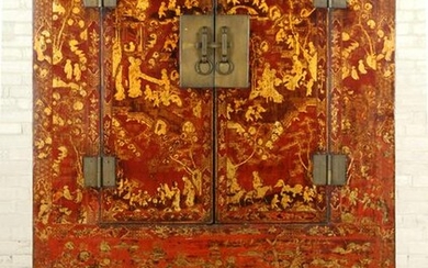 TWO DOOR CARVED AND PAINTED ARMOIRE C.1940