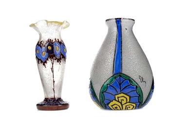 TWO EARLY 20TH CENTURY FRENCH FROSTED AND ENAMELLED GLASS VASES