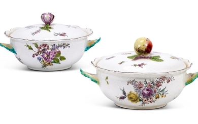 TWO SIMILAR CHELSEA PORCELAIN TWO-HANDLED ECUELLES AND COVERS, CIRCA 1756