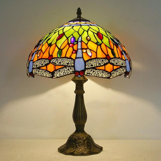 Table lamp Glass Tiffany Style Green Dragonfly bulb