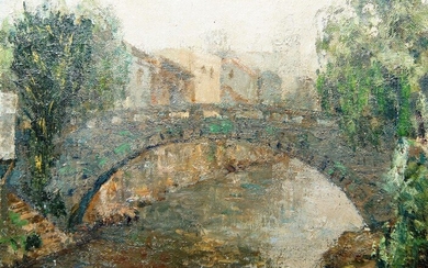Tetsuo Matsuo, Japanese, 20th century, river landscape with a single-arch bridge and town backdrop, oil on canvas, signed and dated 1966 to the verso, unframed, 32cm x 41cm