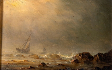 Théodore GUDIN, (1802-1880), Bateaux dans la tempête et départ de pêche, paire d'huiles sur panneau...