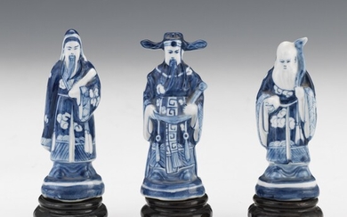 Three Chinese Porcelain Lucky Gods Fu, Lu and Shou, on Porcelain Stands