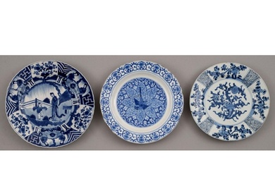 Three Chinese blue and white plates, Kangxi period, painted ...
