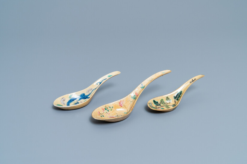 Three Chinese famille rose café-au-lait-ground spoons, Daoguang mark and of the period