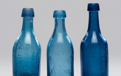 Three Cobalt Glass Soda Bottles Including a Rare