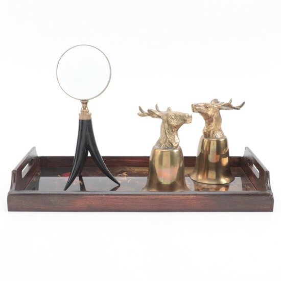 Tray with Hunt Scene, Brass Stirrup Cups and Horn Magnifying Glass