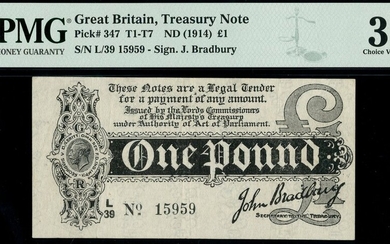Treasury Series, John Bradbury, first issue £1, ND (7 August 1914), serial number L/39 15959, d...