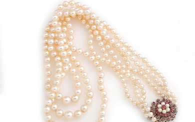 Triple strand necklace of cultured pearls, 18K white...