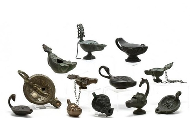 Twelve Roman-Style Brass Toned Oil Lamps