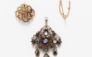 Two 14kt Gold Brooches and a Silver Gem-set Pendant