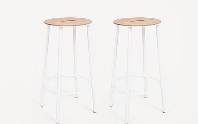 NOT SOLD. Two "Adam" stools of white lacquered steel, with oak seats. Design by Toke Lauridsen, 2010. H. 65 cm. (2) – Bruun Rasmussen Auctioneers of Fine Art