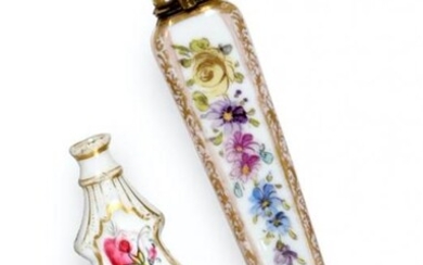 Two Ceramic Scent-Bottles, one tapering and with brass mounts, the...