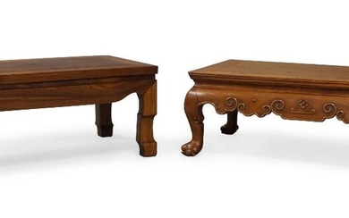 Two Chinese rosewood low tables, kang zhuo, 19th century, one carved with scroll frieze, 30cm x 41cm x 76cm, the other 29cm x 40cm x 76cm (2). 十九世紀 花梨炕桌一對