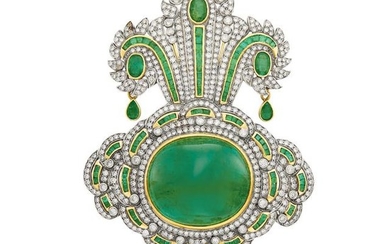 Two-Color Gold, Cabochon Emerald, Emerald and Diamond Brooch