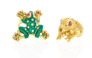 Two Gold, Enamel, Diamond and Ruby Frog Rings
