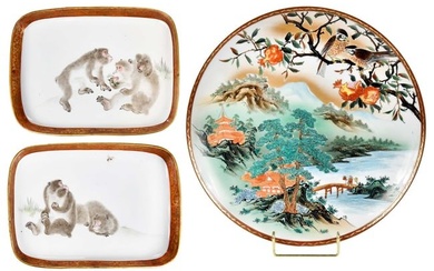 Two Japanese Kutani Porcelain Monkey Plates After Mori Sosen and One Charger