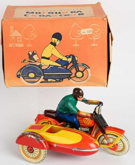USSR TIN WINDUP MOTORCYCLE & SIDECAR w/ BOX