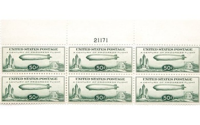 United States 1933 50 Cent Zeppelin, Plate Block of 6, Scott C18