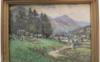 Unsigned c1900 oil "Country village landscape" framed 25 x...