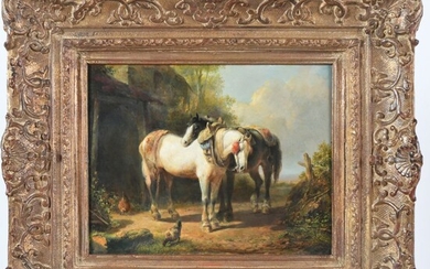 VERBOECKHOVEN Eugène. (1798-1881). « Les chevaux près de la bassecour ». Huile sur panneau signée....
