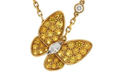 Van Cleef & Arpels Two Butterfly Pendant Necklace 18K Yellow Gold with Yellow Sapphires and Diamonds