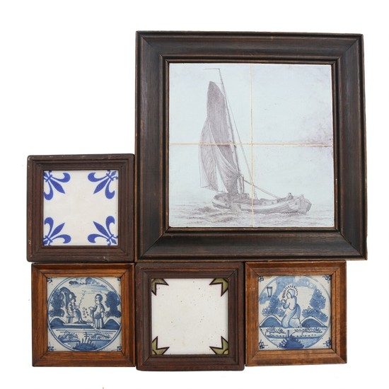 Various Dutch faience tiles and one tile picture. Partly framed. 19th-20th century. (49)