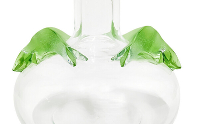 Vaso Lalique, corpo in vetro trasparente con decorazione vegetale in verde...