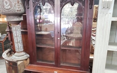 Victorian Mahogany Bookcase, with two carved glass panel doors below & matching timber doors below